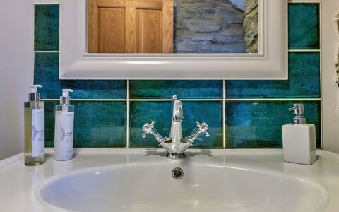 Garreg Ddu: Blue, Plumbing Fixture, Tap, Sink, Plumbing, Tile, Bathroom Sink, Glass, Bathroom, Natural Material