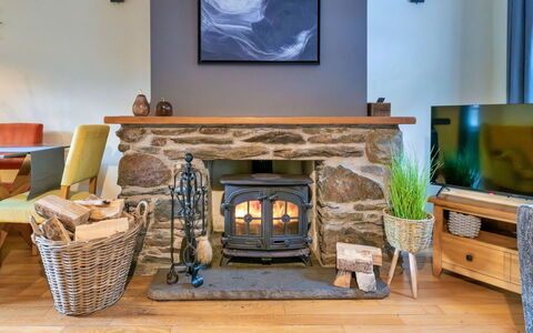 Riverstone Cottage: Furniture, Interior Design, Flooring, Hearth, Wood, Room, Ceiling, Living Room, Floor, Table