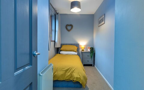 Riverstone Cottage: Blue, Furniture, Bedroom, Wall, Bed, Interior Design, Floor, Bed Sheet, Wood, Bedding