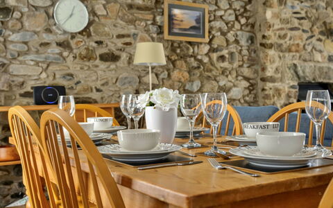 Awel Y Mor: Furniture, Tableware, Table, Serveware, Interior Design, Textile, Kitchen & Dining Room Table, Dishware, Dining Room, Chair