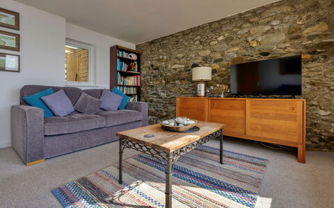 Awel Y Mor: Furniture, Flooring, Couch, Interior Design, Wood, Floor, Living Room, Room, Table