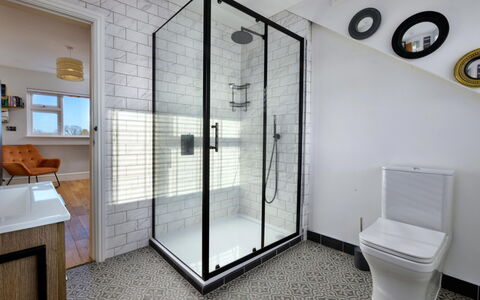 Brigwyn: Wall, Bathroom, Plumbing Fixture, Flooring, Interior Design, Floor, Plumbing, Tile, Shower Door, Shower