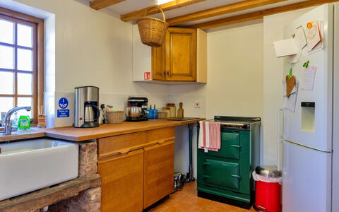 Waen Farm Cottage: Kitchen, Wood, Kitchen Appliance, Countertop, Major Appliance, Flooring, Cabinetry, Interior Design, Furniture, Room
