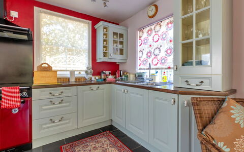 Wern Cottage: Kitchen, Interior Design, Kitchen Appliance, Countertop, Cabinetry, Furniture, Major Appliance, Wood, Flooring, Ceiling