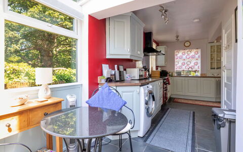 Wern Cottage: Furniture, Flooring, Interior Design, Major Appliance, Wood, Kitchen, Floor, Countertop, Ceiling, Lighting