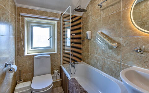 Ty Pen Y Bryn, Castle Views: Bathroom, Plumbing Fixture, Bathtub, Wall, Flooring, Interior Design, Toilet, Sink, Floor, Tap