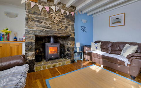 Penrhos Sea Cottage: Wood, Furniture, Flooring, Hearth, Home, Cottage, Living Room, Hardwood, Wood Stain