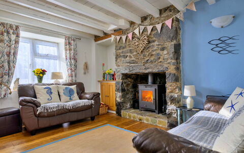 Penrhos Sea Cottage: Furniture, Interior Design, Wood, Flooring, Floor, Room, Lighting, Living Room, Home, Ceiling