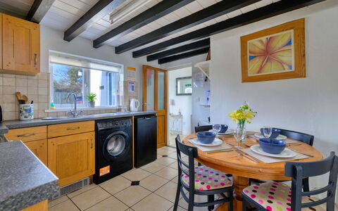 Penrhos Sea Cottage: Flooring, Interior Design, Furniture, Floor, Ceiling, Countertop, Room, Lighting, Home, Kitchen