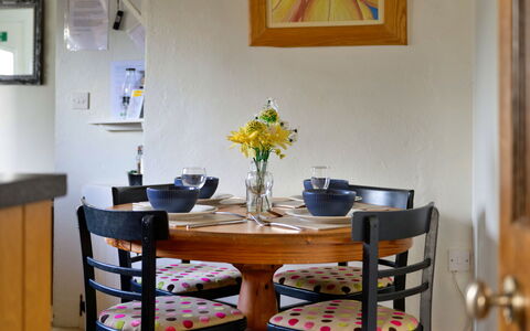 Penrhos Sea Cottage: Furniture, Interior Design, Table, Chair, Dining Room, Wood, Yellow, Flooring, Kitchen & Dining Room Table, Lighting