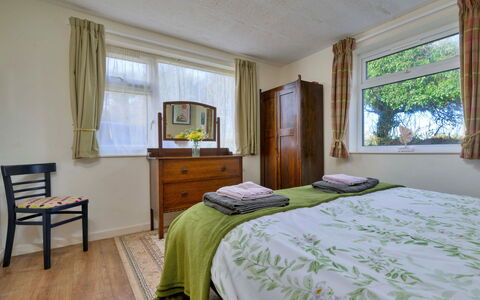 Penrhos Sea Cottage: Furniture, Bed, Bedroom, Bedding, Interior Design, Bed Sheet, Wall, Wood, Floor, Linens
