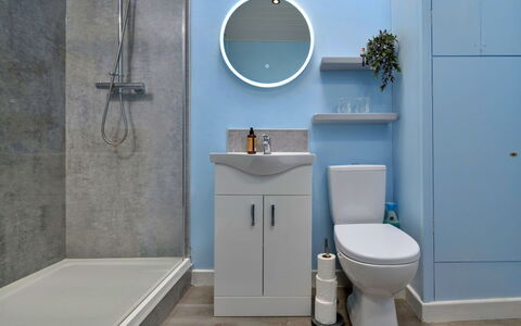 Delfryn: Bathroom, Bathroom Sink, Plumbing Fixture, Sink, Flooring, Floor, Wall, Interior Design, Toilet, Bathroom Cabinet