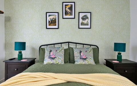 Merddyn Cottage: Bedroom, Bed, Interior Design, Furniture, Bedding, Bed Sheet, Linens, Textile, Picture Frame, Room