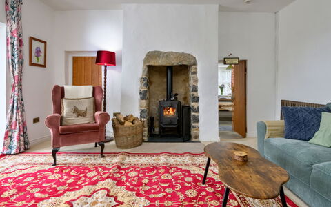 Merddyn Cottage: Furniture, Wood, Flooring, Interior Design, Home, Floor, Room, Living Room, Hearth, Carpet