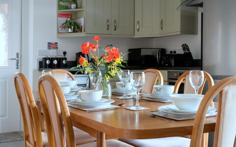Hedd Wen Cottage: Furniture, Interior Design, Wood, Table, Flooring, Chair, Kitchen & Dining Room Table, Dining Room, Lighting, Tableware