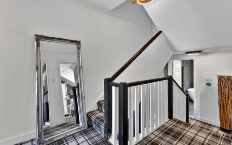 Seamill Beach House: Interior Design, Home, Ceiling, Apartment, Handrail, Light Fixture, Hardwood, Daylighting, Stairs, Living Room
