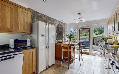 Old Barn at Ormidale House: Flooring, Furniture, Interior Design, Wood, Floor, Countertop, Kitchen, Ceiling, Cabinetry, Room