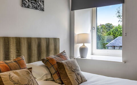 Old Barn at Ormidale House: Bed, Interior Design, Furniture, Bedding, Bedroom, Bed Sheet, Wall, Linens, Room, Wood