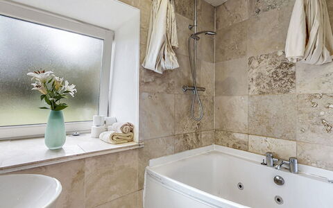 Old Barn at Ormidale House: Bathroom, Plumbing Fixture, Bathtub, Interior Design, Flooring, Floor, Tap, Plumbing, Sink, Room