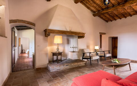 Casa Amelia, Pool, Casole Elsa, Monti: Wall, Furniture, Flooring, Interior Design, Ceiling, Floor, Home, Chair, Room, Living Room