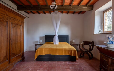 Casa Amelia, Pool, Casole Elsa, Monti: Furniture, Interior Design, Flooring, Bed, Bedroom, Wall, Floor, Wood, Ceiling, Room