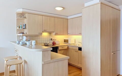 Résidence Mila N°2: Furniture, Cabinetry, Countertop, Kitchen, Wood, Kitchen Appliance, Interior Design, Flooring, Floor, Cupboard