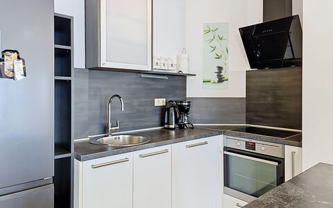 Bliss: Kitchen Appliance, Kitchen, Countertop, Cabinetry, Major Appliance, Furniture, Interior Design, Home Appliance, Flooring, Wood