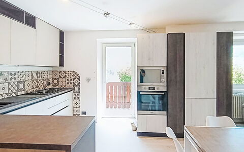 Federica: Flooring, Kitchen, Interior Design, Countertop, Floor, Wood, Ceiling, Furniture, Kitchen Appliance, Light Fixture