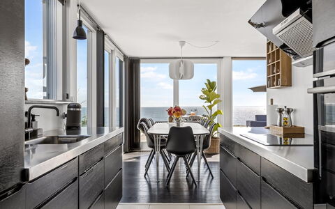 Lin - 80M from the Sea: Kitchen, Furniture, Countertop, Interior Design, Kitchen Appliance, Ceiling, Flooring, Cabinetry, Chair, Lighting