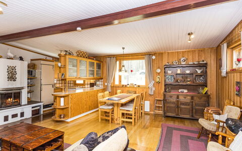 Hakojärventie 3B: Wood, Furniture, Ceiling, Home, Room, Cottage, Living Room, Light Fixture, Chair, Log Cabin