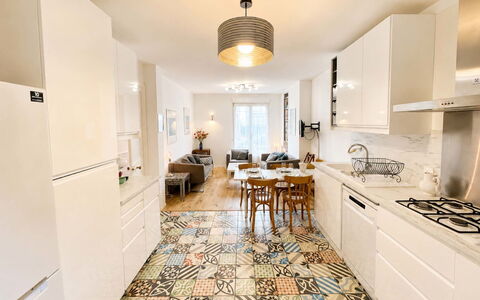 Petite Normandie: Flooring, Floor, Kitchen, Furniture, Interior Design, Wood, Countertop, Wood Flooring, Cabinetry, Tile