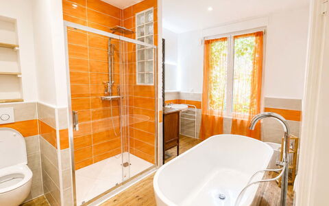 Petite Normandie: Bathroom, Plumbing Fixture, Interior Design, Flooring, Floor, Tap, Plumbing, Orange, Bathroom Cabinet, Sink