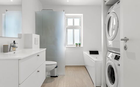 Judyta - 500M from the Sea: Interior Design, Flooring, Washing Machine, Floor, Plumbing Fixture, Ceiling, Bathroom Cabinet, Sink, Bathroom, Tap