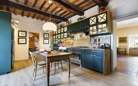 Villa Bellaria, Private Pool, Bolgheri: Furniture, Interior Design, Kitchen, Flooring, Chair, Countertop, Cabinetry, Table, Wood, Floor