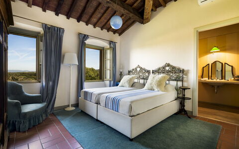 Villa Bellaria, Private Pool, Bolgheri: Wall, Furniture, Home, Interior Design, Room, Bedroom, Bed, Linens, Resort, Bed Frame
