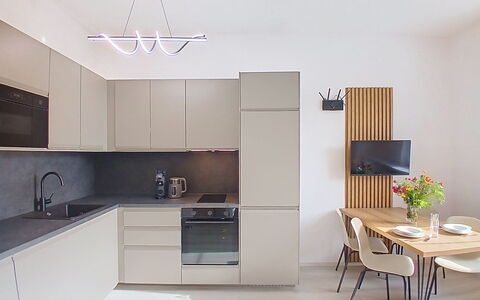 Buky Escape: Furniture, Kitchen, Interior Design, Flooring, Countertop, Kitchen Appliance, Cabinetry, Wood, Floor, Light Fixture