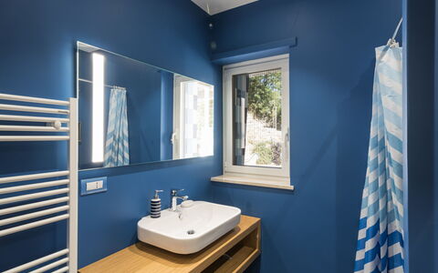 Capri: Blue, Wall, Plumbing Fixture, Bathroom, Interior Design, Bathroom Sink, Flooring, Floor, Sink, Tap