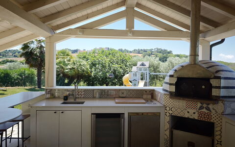 Tenuta Marino - Villa Privata Vista Vigneti con Pi: Wood, Furniture, Ceiling, Kitchen, Shade, Chair, Outdoor Structure, Beam, Countertop, Kitchen & Dining Room Table