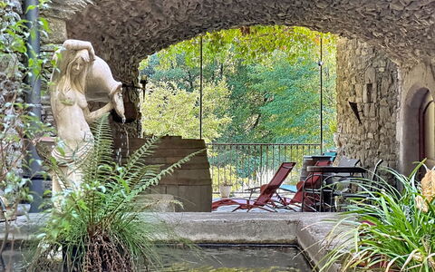 Chateau de la Favède: Rock, Stone Wall, Water Feature, Garden, Backyard, Landscaping, Flagstone, Hacienda, Pond, Houseplant