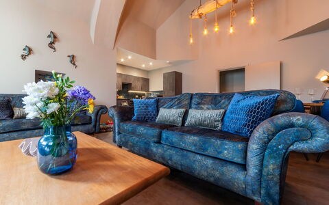 Towan Beach: Interior Design, Furniture, Flooring, Couch, Floor, Lighting, Living Room, Home, Ceiling