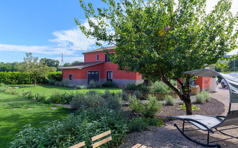 Red House: Shrub, Garden, Spring, Lawn, Landscaping, Shade, Yard, Backyard, Botanical Garden, Farmhouse