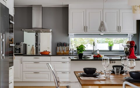 Björkfjärden: Kitchen, Countertop, Furniture, Kitchen Appliance, Interior Design, Cabinetry, Flooring, Major Appliance, Home, Light Fixture