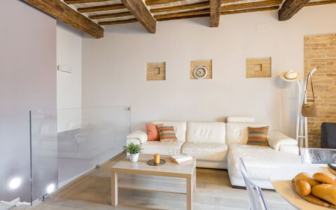 La Casa in Centro: Furniture, Interior Design, Flooring, Wall, Floor, Couch, Wood, Ceiling, Living Room, Room