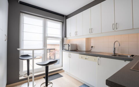 Amielie with Lateral Seaview: Kitchen, Interior Design, Countertop, Flooring, Cabinetry, Wood, Kitchen Appliance, Furniture, Floor, Ceiling