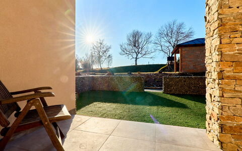 Kovářská 543: Shade, Garden, Landscaping, Lawn, Brick, Wood Stain, Hardwood, Walkway, Stone Wall