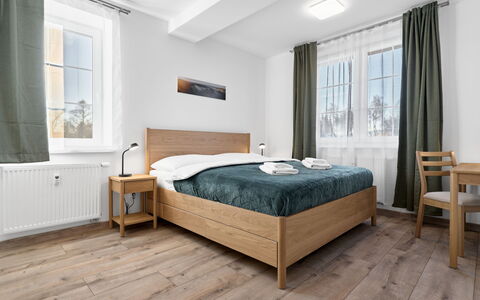 Kovářská 543: Bed, Furniture, Bedroom, Flooring, Interior Design, Floor, Bedding, Wood, Wood Flooring, Bed Sheet