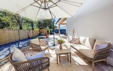 Villa Moorea: Outdoor Furniture, Shrub, House, Outdoor Table, Furniture, Home, Garden, Lawn, Backyard, Estate