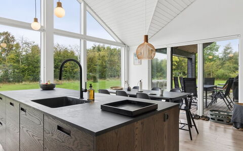 Felicita - 800M from the Sea: Kitchen, Countertop, Natural Material, Wood Flooring, Hardwood, Tap, Plank, Chimney, Light Fixture, Granite
