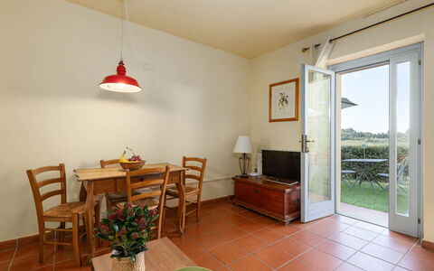 La Certaldina Stella Apartment: Furniture, Flooring, Interior Design, Floor, Kitchen & Dining Room Table, Ceiling, Room, Chair, Door, Dining Room