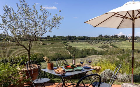 La Certaldina Sole Apartment: Outdoor Furniture, Furniture, Outdoor Table, Chair, Garden, Flowerpot, Umbrella, Shade, Landscaping